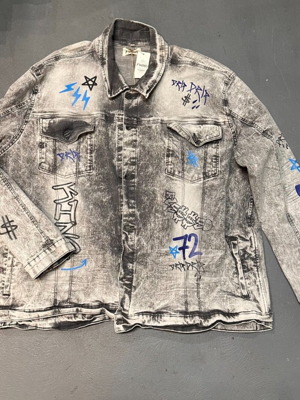 FWRD Denim Jacket Mens 5XL Gray Acid Wash Distressed Graffiti Graphic Streetwear